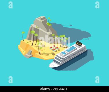 Isometric island. Paradise in ocean. 3d beach in sea. Summer holiday vector concept. Palm and beach, tropical island travel, summer paradise illustration Stock Vector