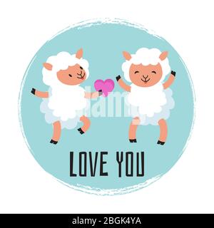 Cute cartoon sheeps in love. Vector love you emblem or card design illustration Stock Vector