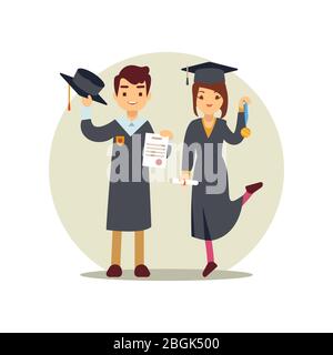 Girl and boy graduates cartoon character. Finish education school, university or college. Vector illustration Stock Vector