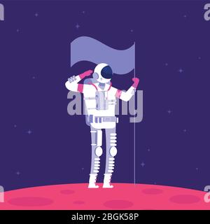 Mars colonization. Astronaut holging flag on red planet in outer space. Mars project astronautics vector concept. Illustration of astronaut spaceman exploration mission Stock Vector