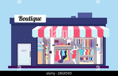 Fashion store exterior. Beauty shop boutique exterior with storefront and clothes. Vector illustration. Store, boutique and storefront window facade Stock Vector