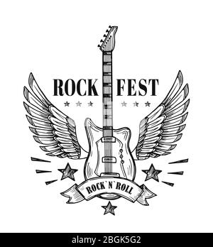 Guitar with wings. Music festival vintage poster. Rock and roll tattoo vector art. Rock guitar, festival music emblem with wings illustration Stock Vector