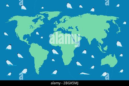 Stop world ocean pollution. Earth map with plastic bottles floating in polluted water. Vector concept map world ocean with pollution plastic illustration