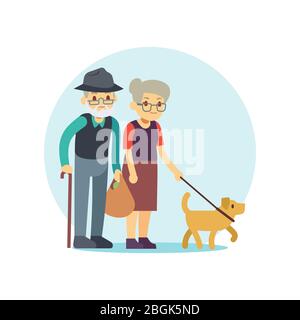 Old couple walking with cute dog. Eldery family cartoon character. Vector illustration Stock Vector