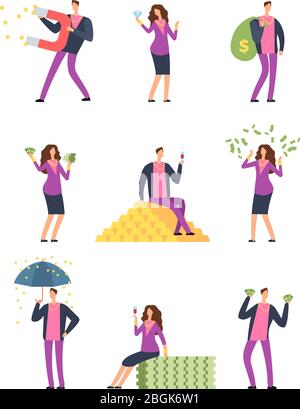 Rich luxury people spending money. Happy wealthy man, millionaire vector cartoon characters set isolated. Finance cash, gold coins financial illustration Stock Vector