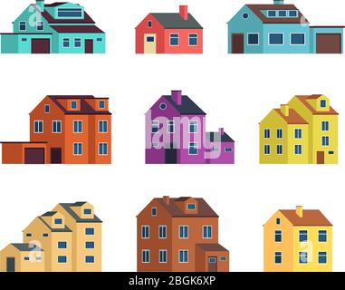 Flat cartoon town houses, cottage buildings with door and windows. Home exterior vector set isolated. House building exterior, town cottage architecture illustration Stock Vector