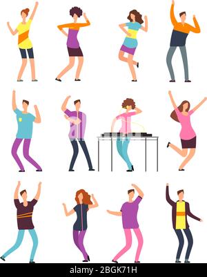 Happy young people dancing. Man and woman cartoon dancers isolated on white background. Illustration of disco dancer male and female Stock Vector