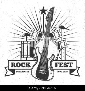 Grunge monochrome rock festival poster and banner design. Hipster music vector emblem illustration Stock Vector