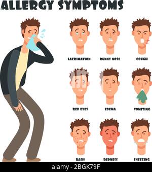 Allergy symptoms with sneezing cartoon man. Medical vector illustration. Disease character, symptom allergic, red eyes and itching Stock Vector