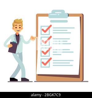 Happy man at giant schedule checklist with tick marks isolated on white background. Vector checklist paper with mark, clipboard document illustration Stock Vector