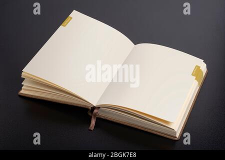 Opened daily planner notebook with smart object pages on dark black background Stock Photo