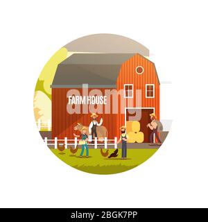 Cartoon farm with farmers, farm animals and equipment vector illustration. Harvest emblem design. Outdoor farm with people Stock Vector