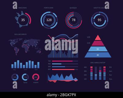 Intelligent technology hud interactive panel. Data screen with charts, diagrams. Vector futuristic ui infographics on dark background. Illustration of graphic on tech panel, interactive data graph Stock Vector