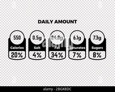 Nutrition facts vector package labels with calories and ingredient information isolated on transparent background. Vector illustration Stock Vector