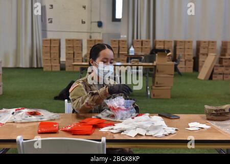 ALBANY NY - 30 New York Army and Air National Guardsmen, assigned to the New Scotland Avenue Armory, put together COVID 19 test kits. Specialist Linda Nguibn from Delta Company 152B in Syracuse New York creates a testing kit. 1000 kits have been completed in the first hour of todays mission. The goal is 15,000 kits per day.Testing kits will be transported to testing centers all around New York State. Stock Photo