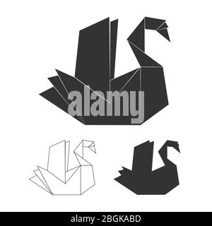 Paper origami vector swan isolated on white background. Black swan logo set illustration Stock Vector