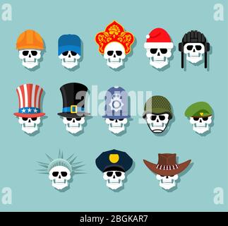 Set of skulls in hats. Statue of Liberty and Uncle Sam. Russian kokoshnik and building helmet.  Green beret and hat cylinder. Cowboy and policeman. Ar Stock Vector