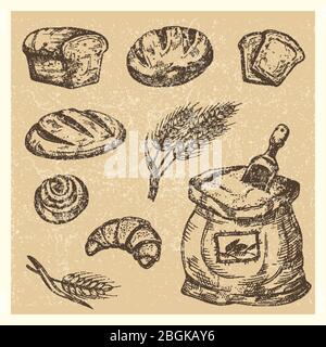 Hand drawn bread, rolls, drawing croissant, meal vector set illustration Stock Vector