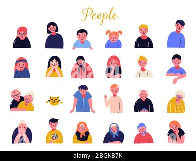 Set of avatars of happy people of different age. Portraits of men and women. Vector illustration in cartoon style. Stock Vector