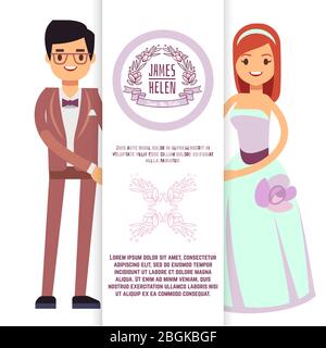 Vintage wedding flyer, poster, banner template with cartoon character fiance and bride. Vector illustration Stock Vector