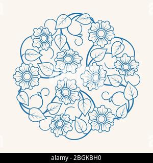 Round Floral Ornament Line Pattern, vector illustration Stock Vector