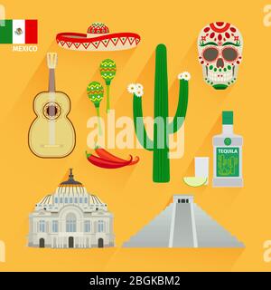 Mexico icons and flag in flat style Stock Vector