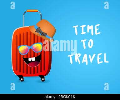 Tourism poster concept front view time to travel with 3D red travel bag and realistic travel item elements. Vector illustration. Stock Vector