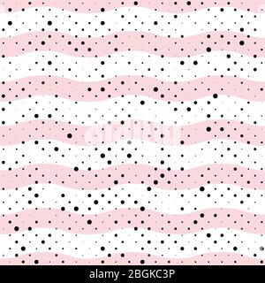 Pink wavy stripes, waves, streaks and dark high contrast polka dots. EPS 10 Stock Vector