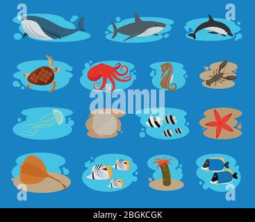 Sea animals in bubbles flat icons. Vector illustration. Stock Vector