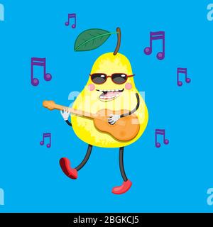 Cartoon character yellow pear plays guitar on a blue isolated background. Vector image Stock Vector