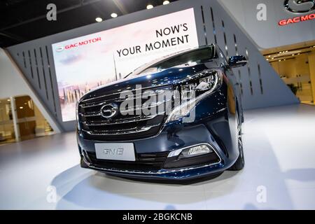 --FILE--A model of Trumpchi GN8, a vehicle developed by Chinese automaker GAC Group, is shown during an exhibition in Dubai, United Arab Emirates, 12 Stock Photo