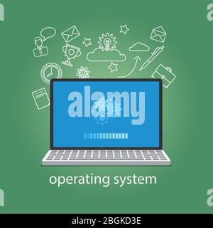 Operating system softwear. OS concept with laptop and gears. Vector illustration. Stock Vector