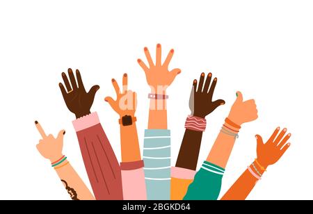 Colorful up hands set with different gestures, vector illustration Stock Vector