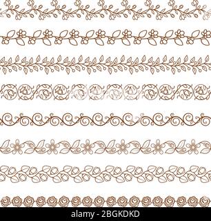 Floral border pattern vector hand drawn brushes on white Stock Vector