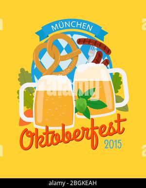 Beer mug and pretzel, hops and sausage. Oktoberfest poster in flat style Stock Vector