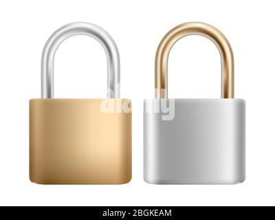 Padlock icon set. Steel and gold lock for protection privacy, web and mobile apps. Isoated on white background. EPS 10 Stock Vector