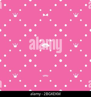 Princess Seamless Pattern vector pink background with crowns and fan Stock Vector