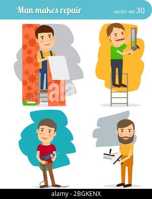 Home Repair Man Characters. Man paints the wall and the plaster room. Vector illustration Stock Vector