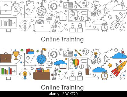 Webinar and web communication background in line doodle style for web banners and concepts. Vector illustration. Stock Vector