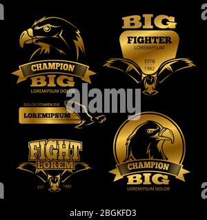 Shiny golden eagle heraldry vector labels, logos, emblems on black backdrop illustration Stock Vector