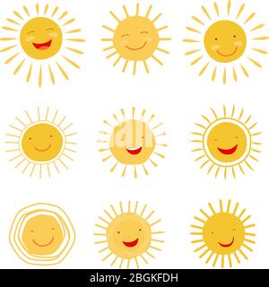 Cute hand drawn sun character smiling and shining. Vector icons collection. Stock Vector