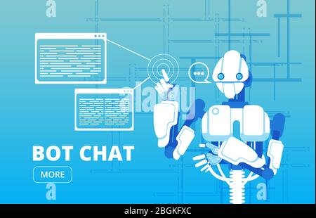Bot chat. Robot supporter chatbot virtual assistance business vector concept. Virtual chat bot, service robot online illustration Stock Vector