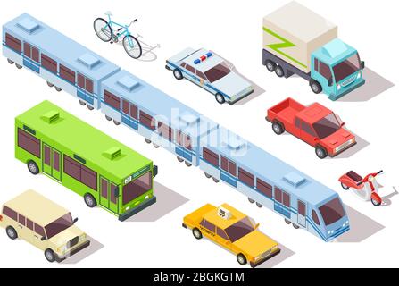 Isometric city public transport. Subway train, bus, ambulance, taxi and police car, truck, motorcycle, bike. 3d vehicles vector set. Illustration of c Stock Vector