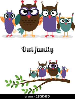 Owl family. Owl mother, father and children on the branch. Vector illustration Stock Vector