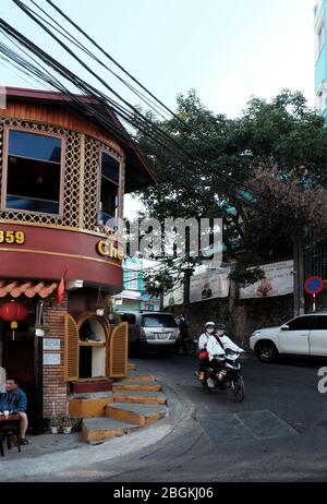 vintage architecture sweet soup restaurant, famous place to check in when travel this city, beautiful architect in brown color at bend of slope street Stock Photo