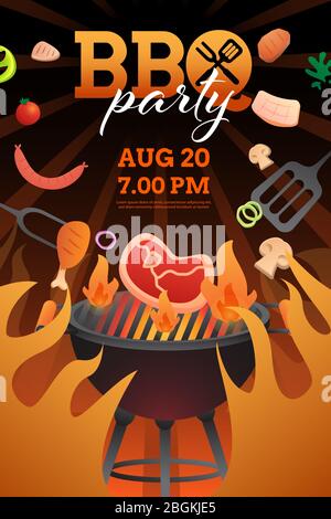 BBQ party invitation ,card or poster template with grill and food flyer vector flat style illustration. Stock Vector