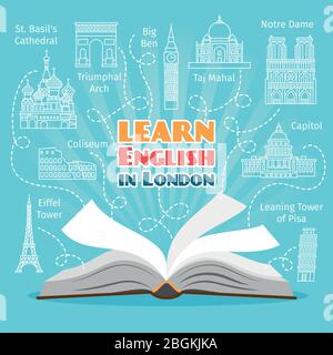 Abroad Language School. Studying foreign languages concept. Vector illustration Stock Vector