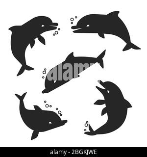 Black happy dolphins of set silhouettes isolated on white background. Vector illustration Stock Vector