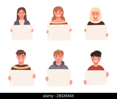 Yang people are holding placards for text. A sheet of paper in the hands of boys and girls Stock Vector