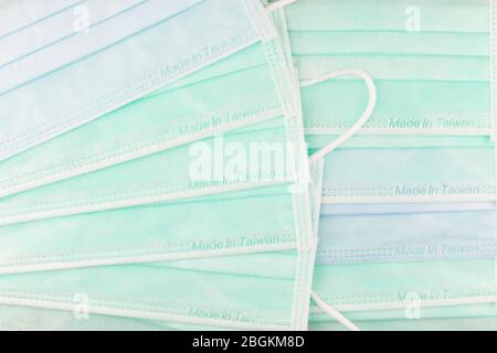 Made in Taiwan surgical masks for protection against the Covid-19 coronavirus pandemic. Stock Photo
